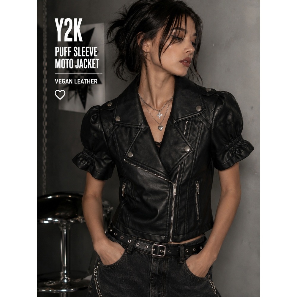Black Faux Leather Puff Sleeve Moto Jacket Cropped Y2K Coquette M Whimsigoth
